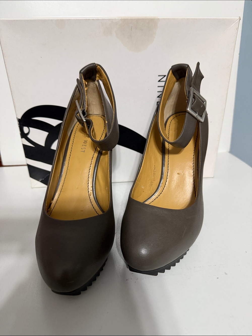 Nine West Brown Ankle-Strap Round-Toe Pumps